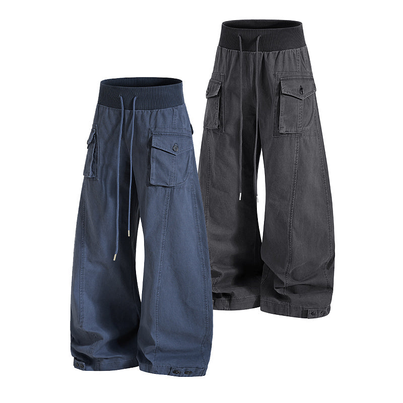 Yiaknis Curved-Leg Cargo Trousers – 100% Cotton, Grey & Blue