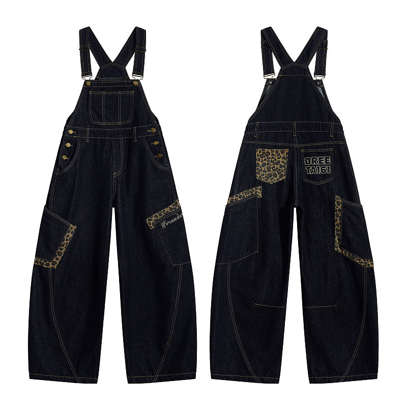 Yiaknis Denim Overalls with Leopard Print Pocket Trim - Dark Denim