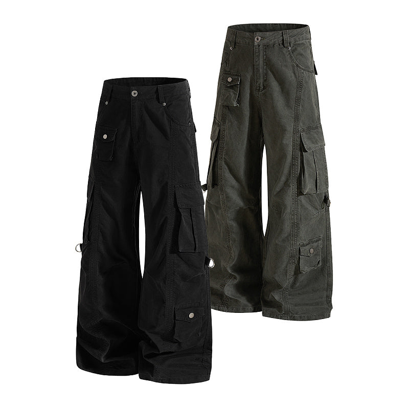 Yiaknis Wide-Leg Cargo Trousers, D-Ring Pockets, Black and Dark Green