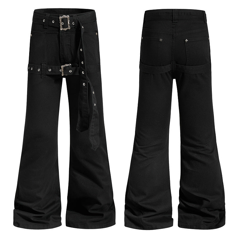 Yiaknis Black Flared Jeans with Buckle Leg Straps