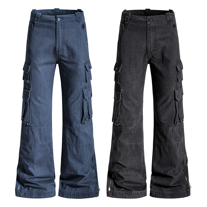 Yiaknis Wide-Leg Cargo Trousers with Flap Pockets, Blue and Dark Grey