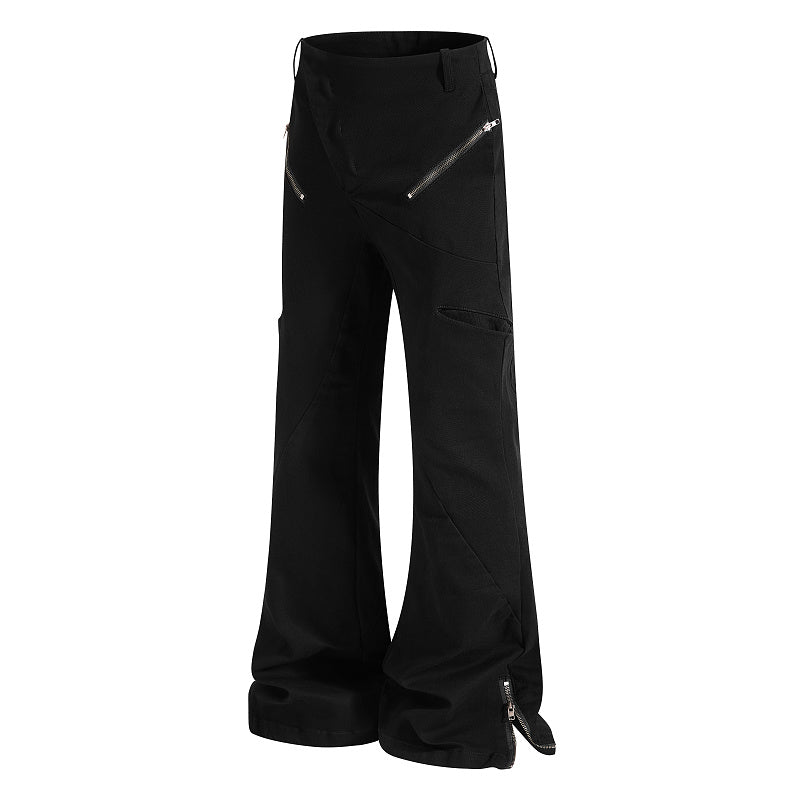 Yiaknis Flared Trousers with Diagonal Zip Pockets, Black
