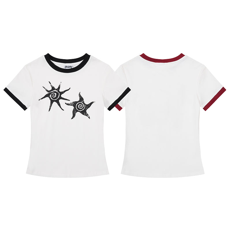 Yiaknis Women's Top, Star Print, White with Black or Red Trim
