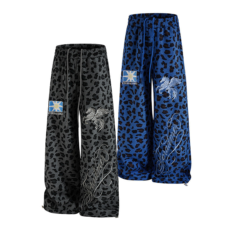 Yiaknis Leopard Print Sweatpants, Embroidered Patch, Grey and Blue