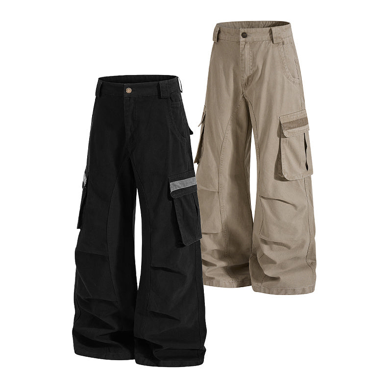 Yiaknis Wide-Leg Cargo Trousers, Strap Pocket Details, Black and Khaki