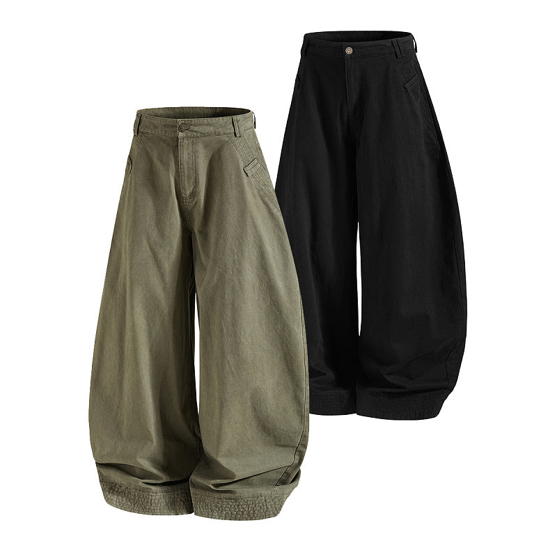 Yiaknis Baggy Barrel-Leg Trousers, Elastic Cuffs, Black and Dark Green