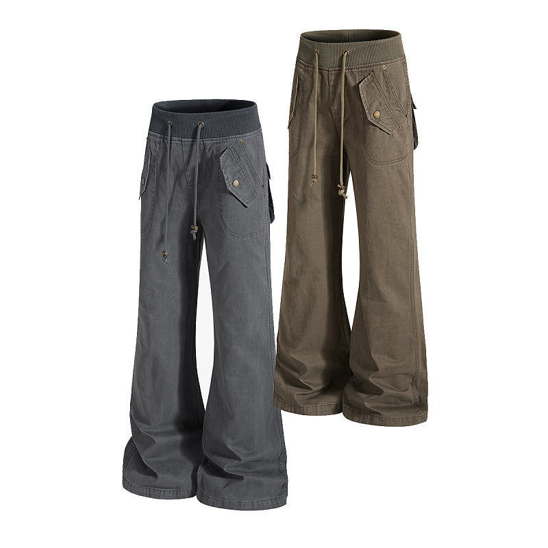 Yiaknis Grey and Brown Flared Cargo Trousers with Drawstring Waist