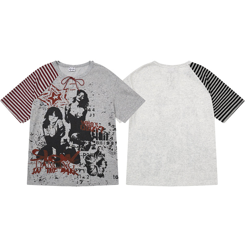 Yiaknis Graphic Raglan T-Shirt, Lace-Up Neck, Grey and White