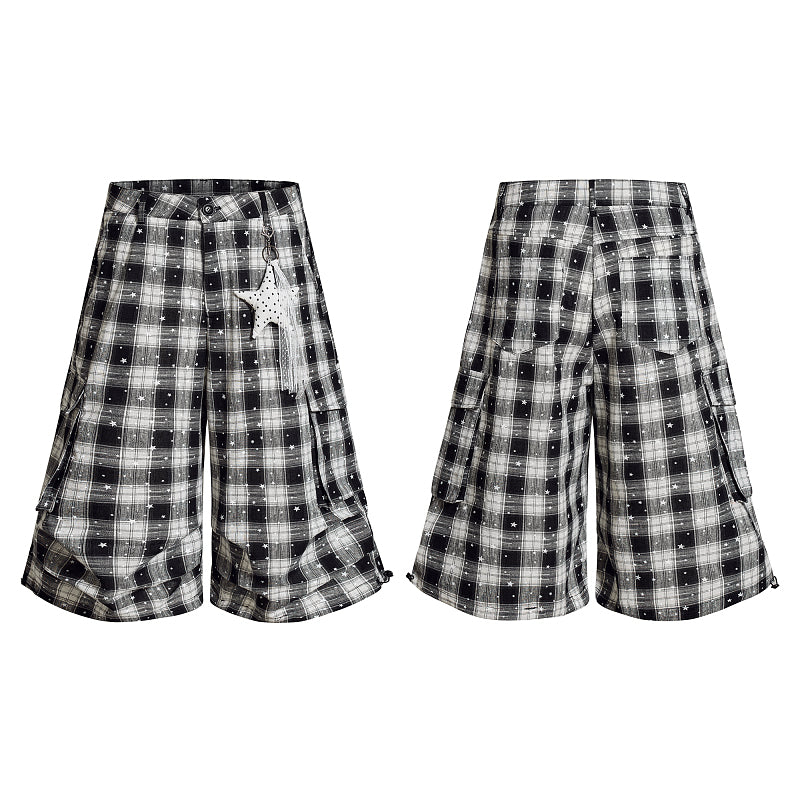 Yiaknis Black and White Plaid Wide-Leg Cropped Trousers, Star Print