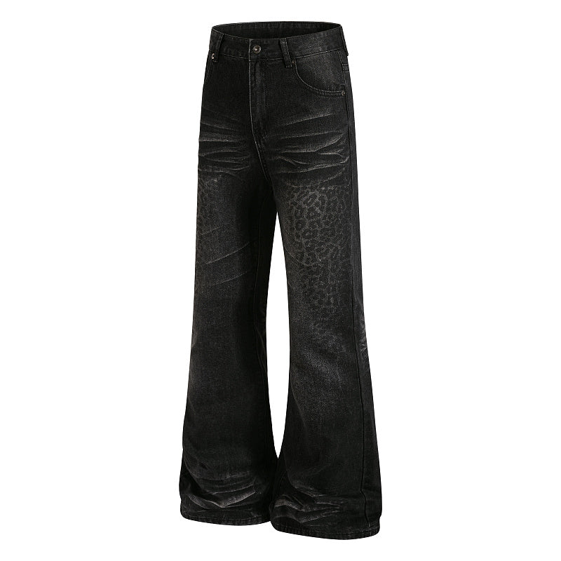 Yiaknis Black Washed Flared Jeans with Leopard Pattern, Black