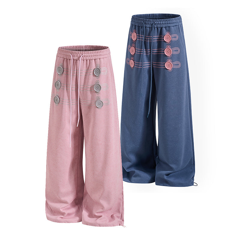 Yiaknis Wide-Leg Sweatpants with Button and Line Print, Pink and Blue