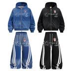 Yiaknis Zip-Up Hoodie and Sweatpants Set, Script Print, Blue and Black