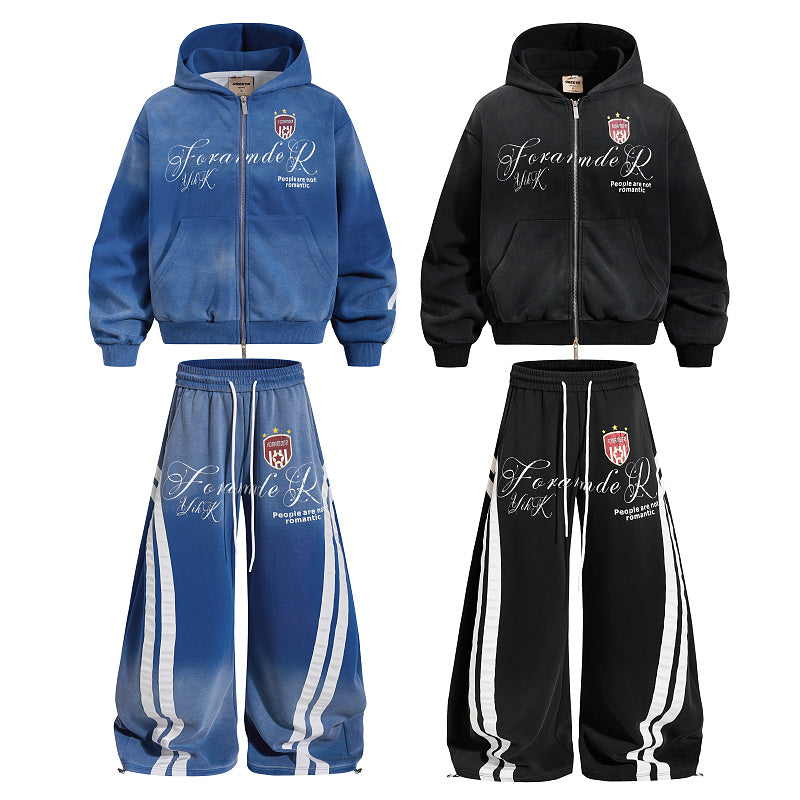 Yiaknis Zip-Up Hoodie and Sweatpants Set, Script Print, Blue and Black