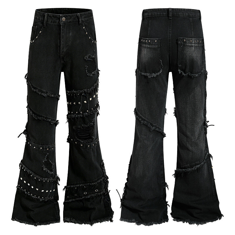 Yiaknis Black Flared Jeans with Studs and Lace-Up Panels