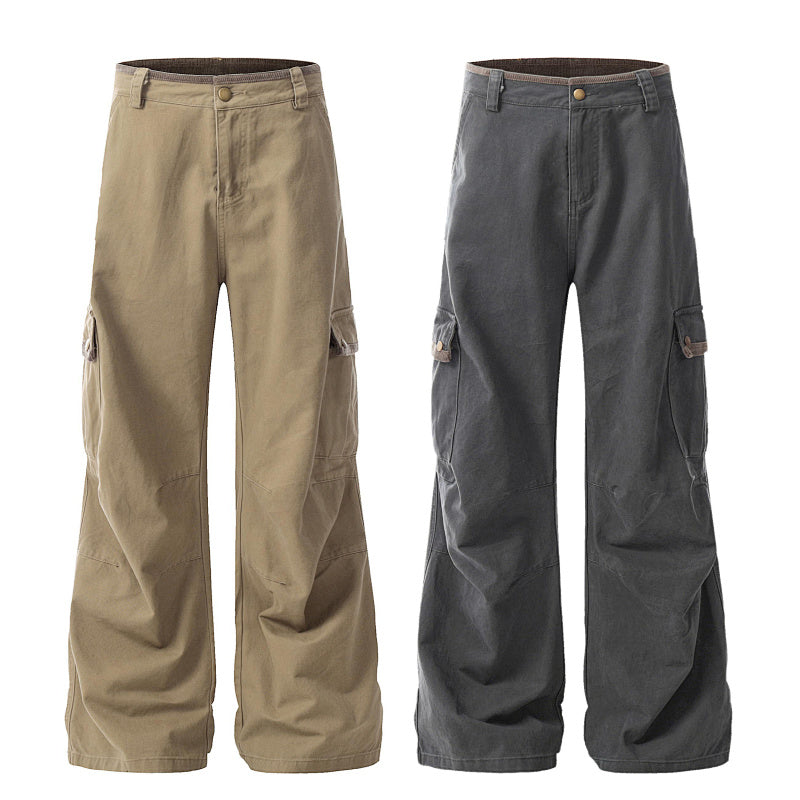 Yiaknis Wide-Leg Cargo Trousers with Flap Pockets, Khaki and Dark Grey