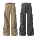 Yiaknis Wide-Leg Cargo Trousers with Flap Pockets, Khaki and Dark Grey