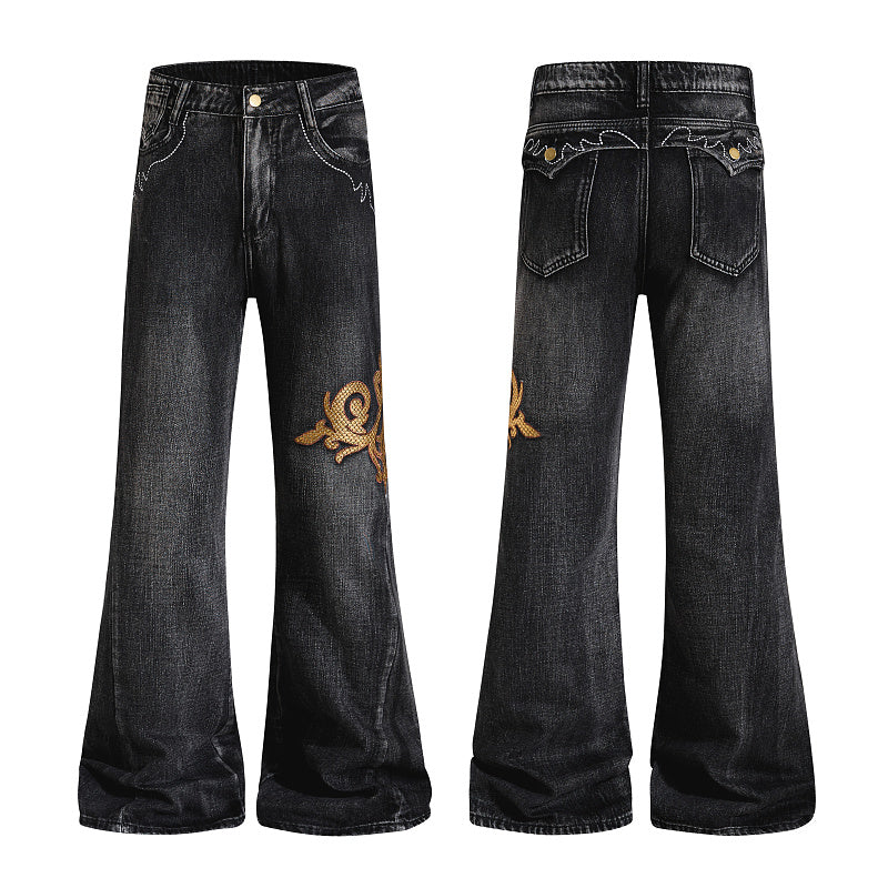 Yiaknis Black Flared Jeans with Gold Leg Embroidery