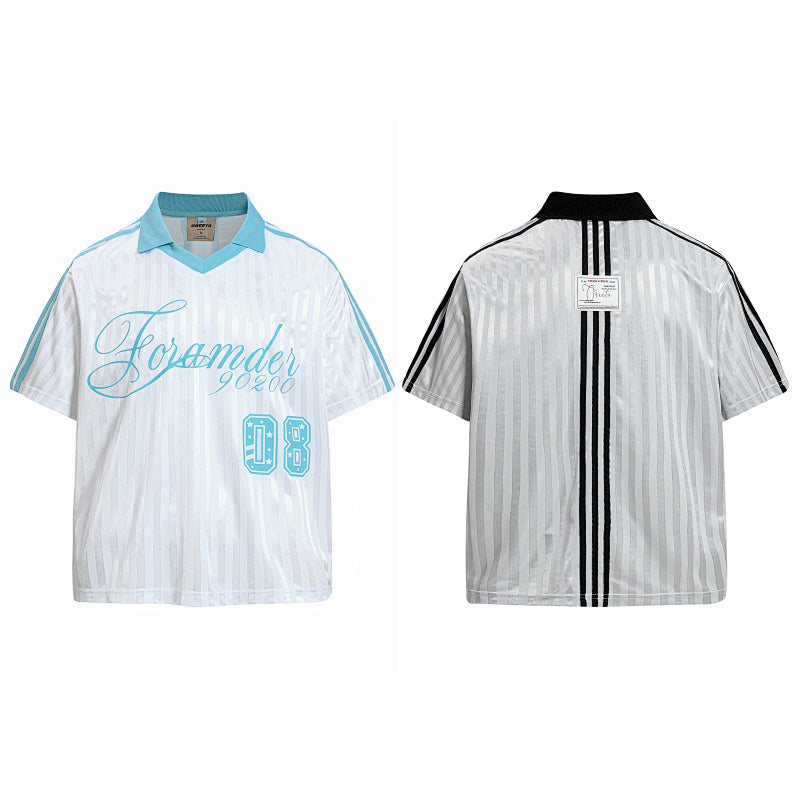 Yiaknis Men's White Short-Sleeve Top with Striped Texture and 08 Print