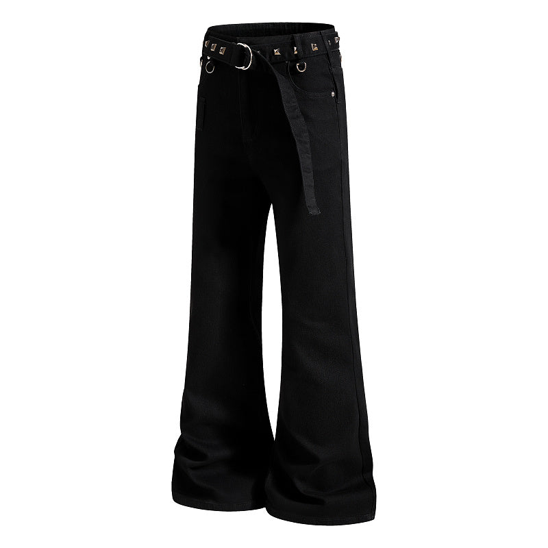 Yiaknis Flared Trousers with Studded Belt and Metal Rings, Black