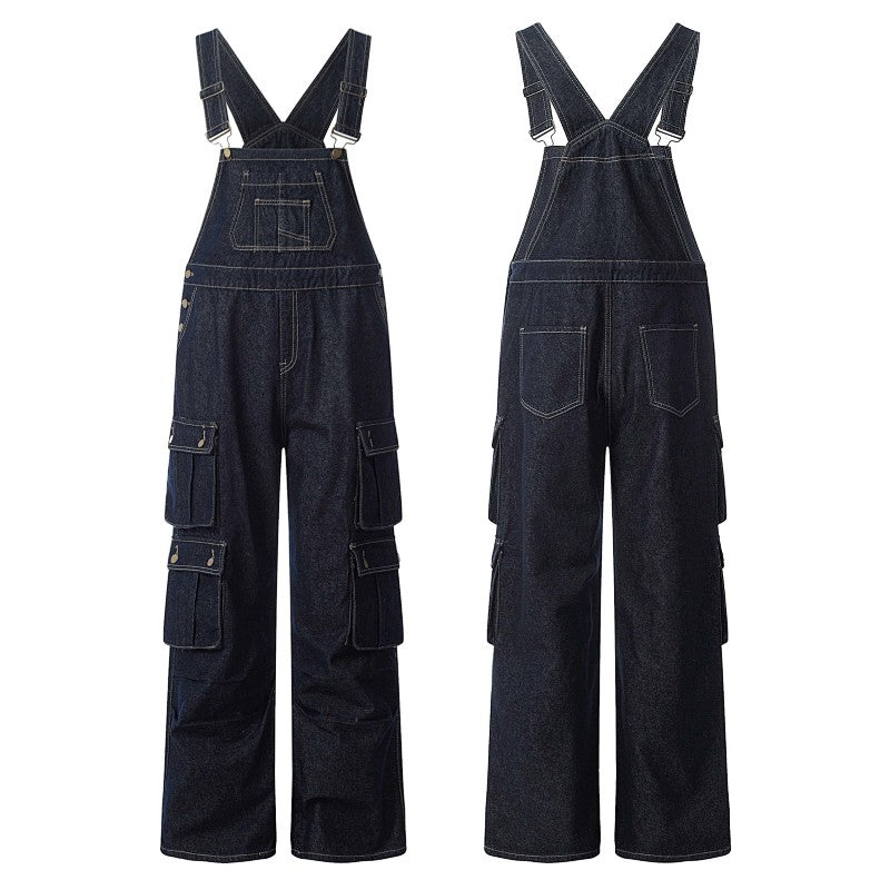 Yiaknis Dark Denim Cargo Overalls with Multiple Pockets - Wide Leg