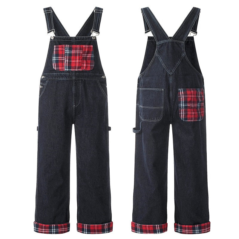 Yiaknis Dark Denim Overalls with Red Plaid Pockets and Cuffs