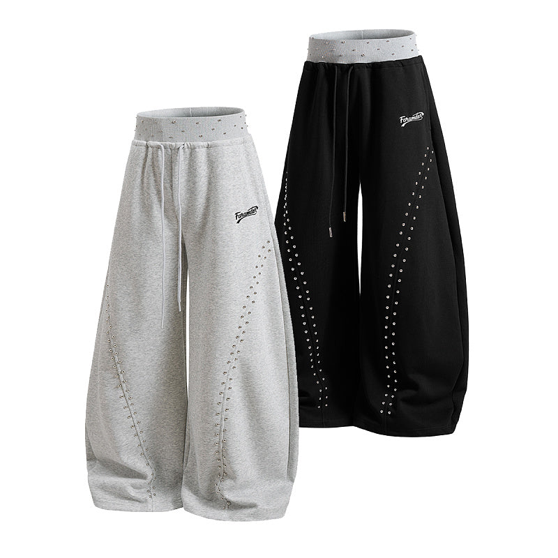 Yiaknis Wide-Leg Sweatpants, Studded Side Lines, Light Grey and Black