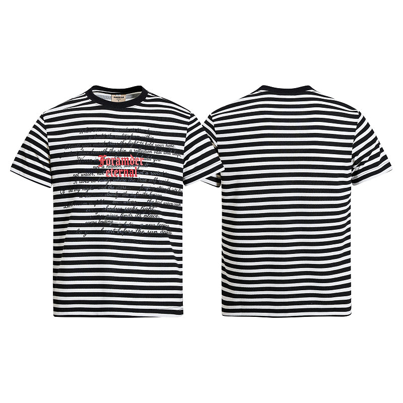 Yiaknis Striped T-Shirt with Red and Script Print, Black and White