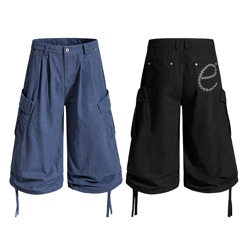 Yiaknis Cropped Cargo Trousers, Drawstring Hems, Blue and Black