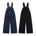Yiaknis Wide-Leg Denim Overalls, Bib and Cargo Pockets, Dark Blue and Black