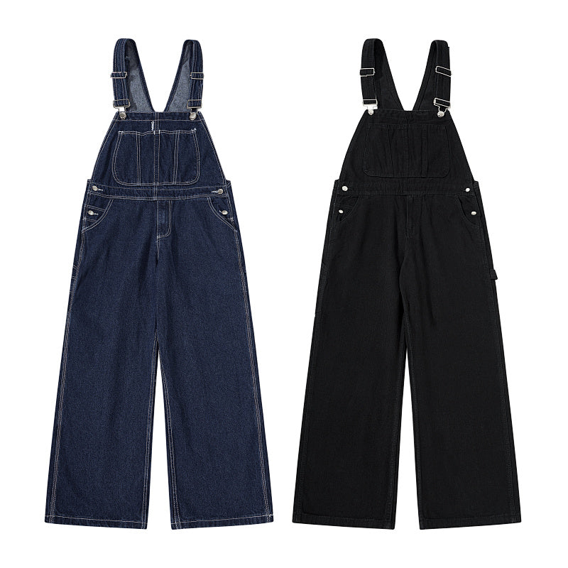 Yiaknis Wide-Leg Denim Overalls, Bib and Cargo Pockets, Dark Blue and Black