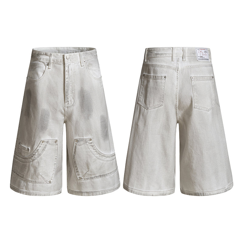 Yiaknis Wide-Leg Cropped Denim Trousers, Front Patch Pockets, White