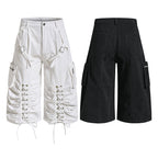 Yiaknis Wide-Leg Cropped Cargo Trousers, Lace-Up Legs, Off White and Black