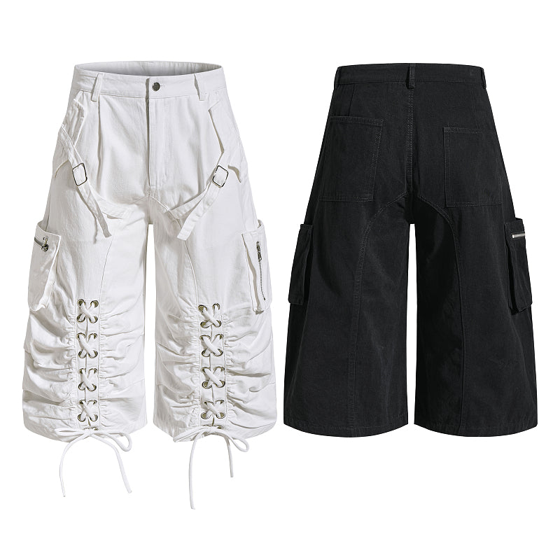 Yiaknis Wide-Leg Cropped Cargo Trousers, Lace-Up Legs, Off White and Black