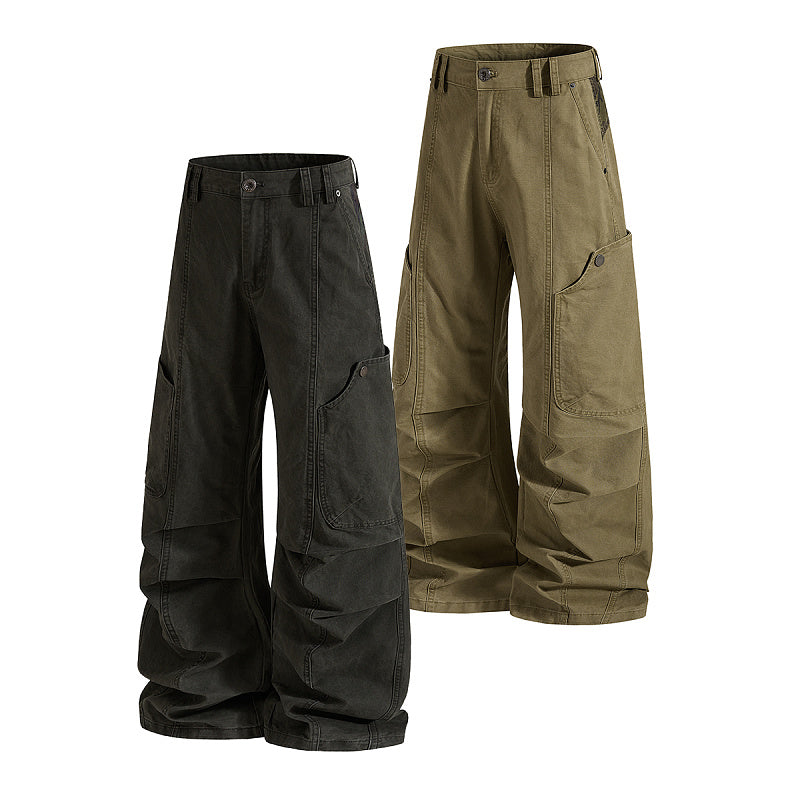 Yiaknis Wide-Leg Cargo Trousers, Camo Waistband, Dark Green and Khaki