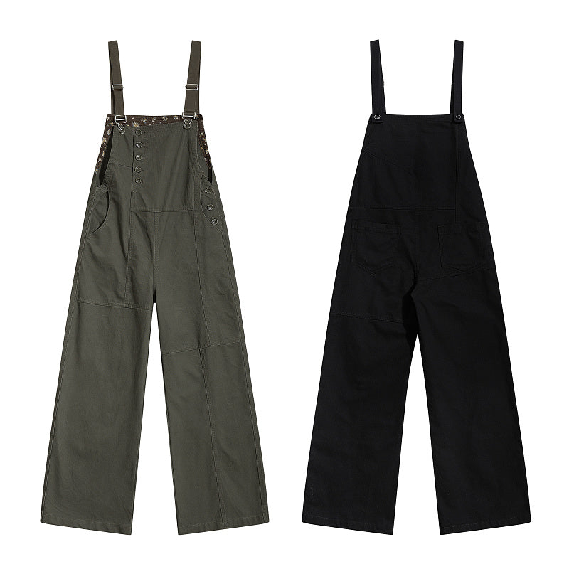 Yiaknis Wide-Leg Overalls, Floral Bib Trim, Army Green and Black