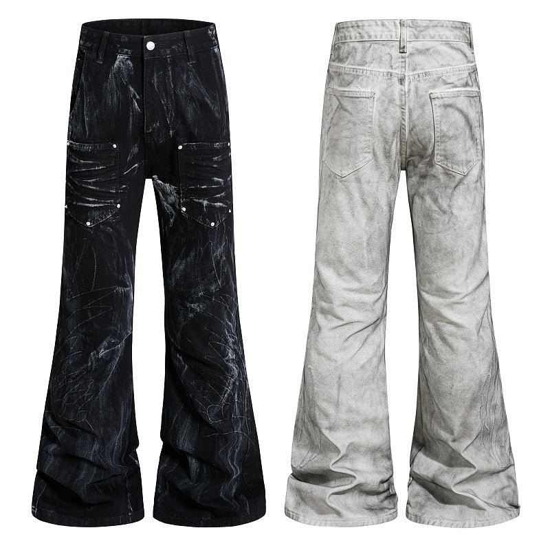 Yiaknis Flared Trousers with Washed Finish, Black and Light Grey