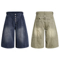 Yiaknis Wide-Leg Cropped Denim Trousers, Button Fly, Blue and Khaki