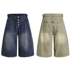 Yiaknis Wide-Leg Cropped Denim Trousers, Button Fly, Blue and Khaki
