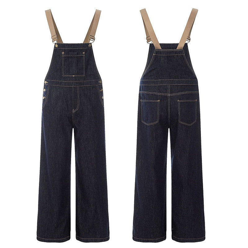 Yiaknis Dark Denim Wide-Leg Overalls with Tan Straps