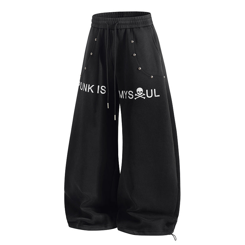 Yiaknis Wide-Leg Sweatpants with Punk Letter Print and Studs, Black