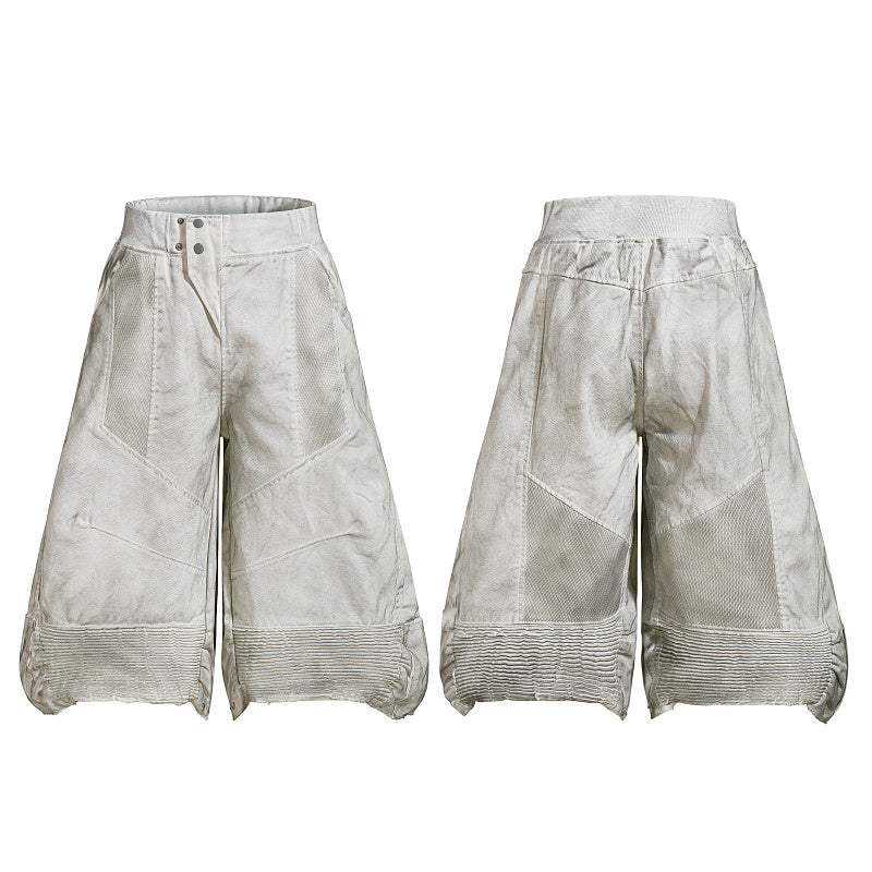 Yiaknis Wide-Leg Cropped Denim Trousers, Mesh Panels, Grey and White