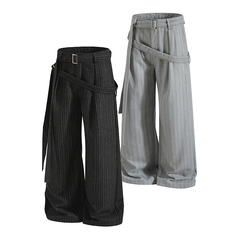 Yiaknis Black and Light Grey Pinstripe Wide-Leg Trousers, Belt Strap