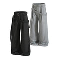 Yiaknis Black and Light Grey Pinstripe Wide-Leg Trousers, Belt Strap