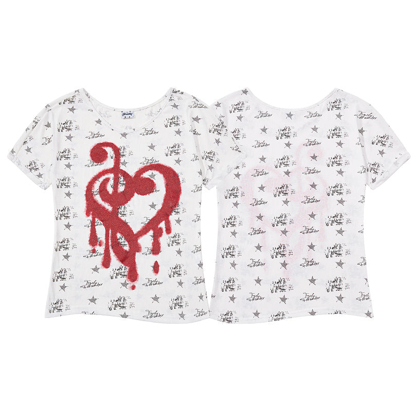 Yiaknis Women's T-Shirt, Star Print and Red Heart Treble Clef, White