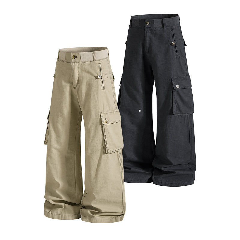 Yiaknis Khaki and Dark Grey Wide-Leg Cargo Trousers with Elastic Back Waist