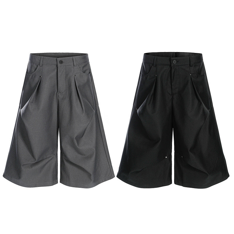 Yiaknis Wide-Leg Grey and Black Pleated Capri Pants