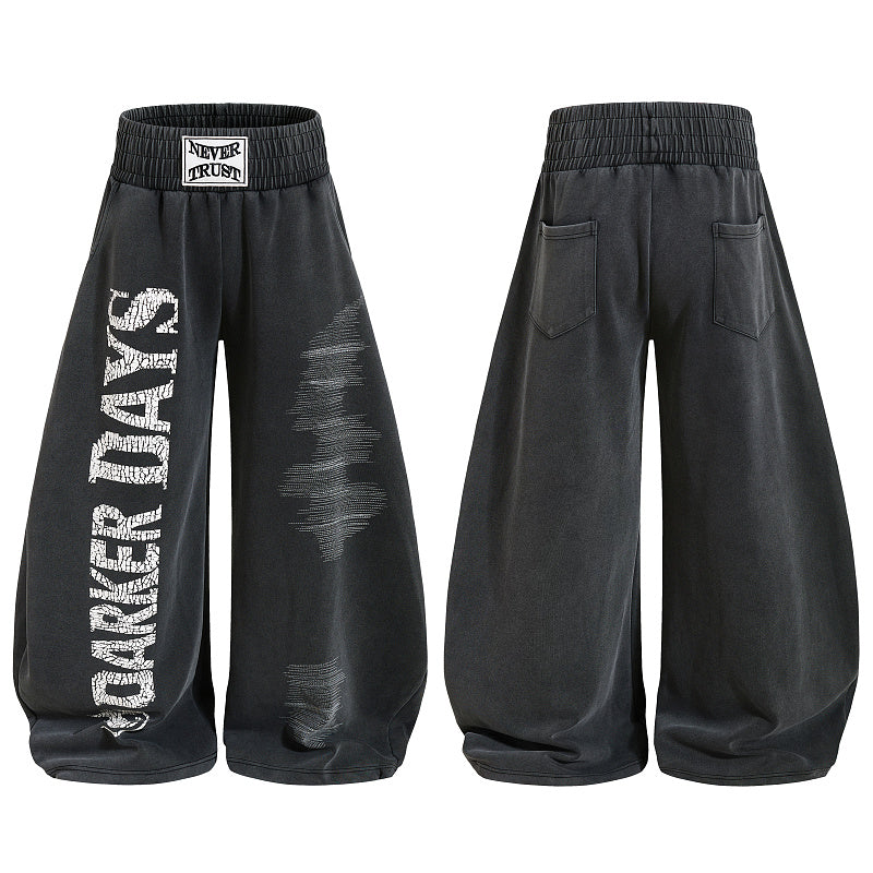 Yiaknis Wide-Leg Trousers with Letter Print and Washed Finish, Black