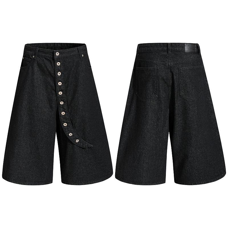 Yiaknis Wide-Leg Cropped Denim Trousers, Button Placket, Black