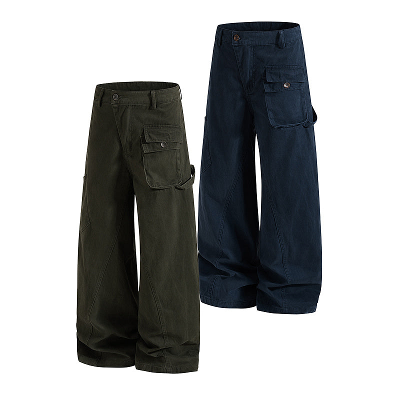 Yiaknis Wide-Leg Cargo Trousers, Thigh Pocket, Dark Green and Navy