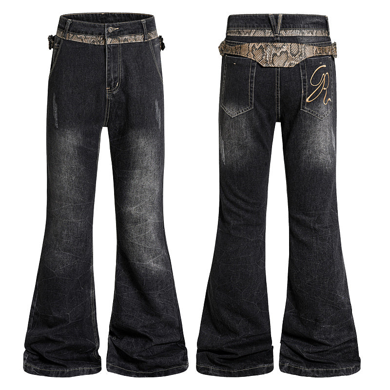Yiaknis Black Washed Flared Jeans with Snake-Print Belt